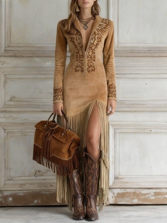Rogelyn - Embroidered Fringe Maxi Dress